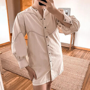 Magali Pascal Cream Denim Snap Button Preppy Western Bohemian Mini Dress Small